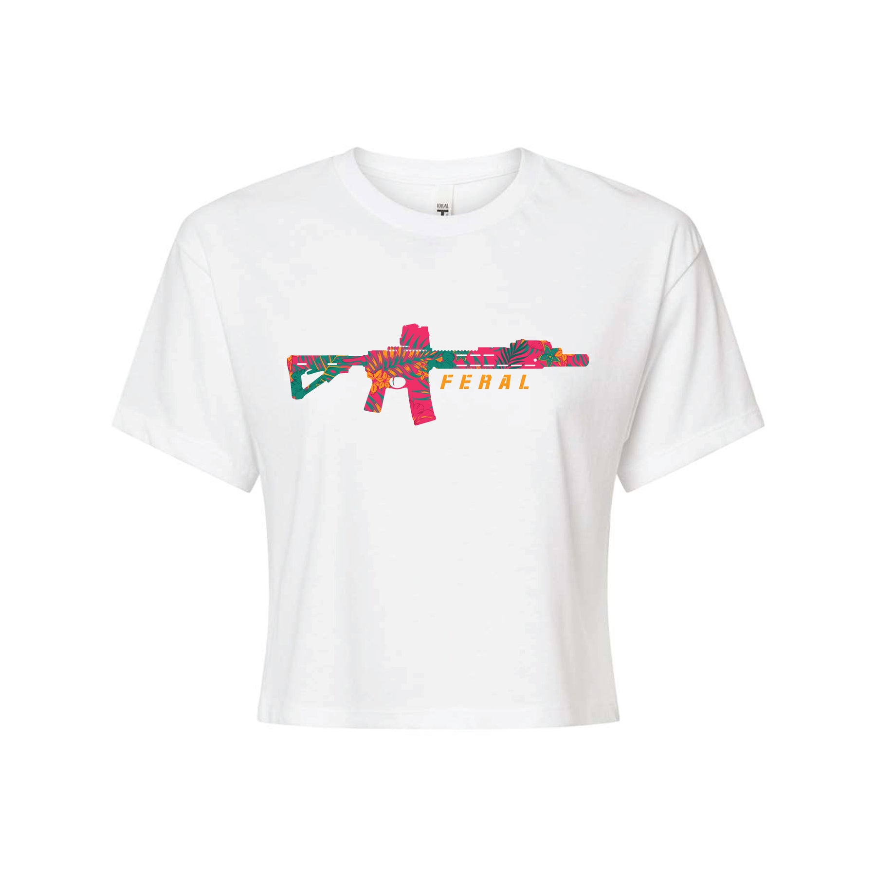 The Feral - Women's White Crop by Tango Charlie Apparel is a bold cropped tee with a colorful assault rifle graphic and "FERAL" in yellow and orange—perfect for making a statement.