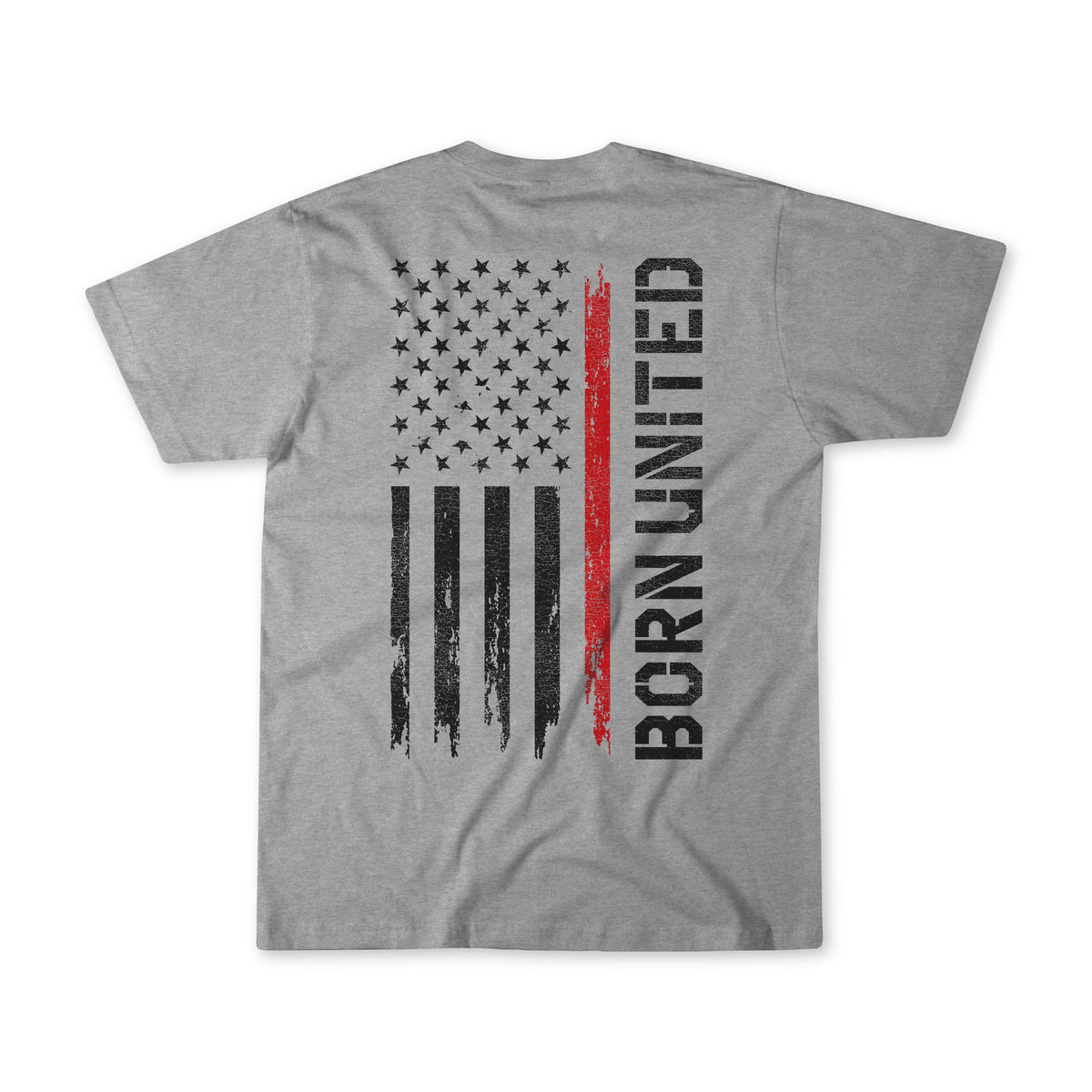 The Born United Private Label Red Line Flag Tee is a gray T-shirt with a distressed black and white American flag featuring one red stripe and “BORN UNITED” printed vertically beside the flag on the back.