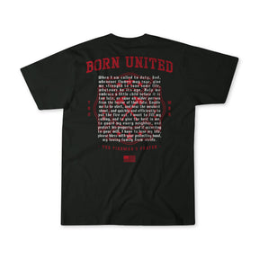 The Fireman's Prayer t-shirt by Born United Private Label features BORN UNITED in bold red on the front and the firefighter prayer, centered in white with red accents on the back—a meaningful gift for those inspired by classic firefighter poems.