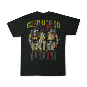 The Born United Private Label Brotherhood Forged In Flames black T-shirt features three firefighters in gear, with BORN UNITED above and A BROTHERHOOD FORGED IN FLAMES below, set against a distressed fire graphic.