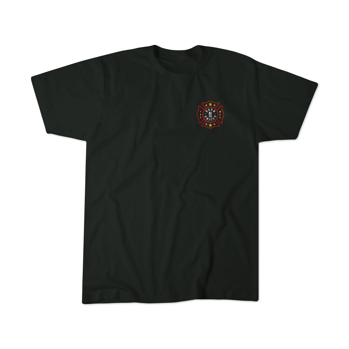 The Brotherhood Forged In Flames T-shirt by Born United Private Label features a small red, yellow, and white firefighter emblem with a helmet and axes on the left chest. Displayed on a plain white background.
