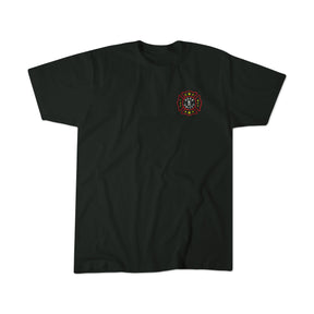 The Brotherhood Forged In Flames T-shirt by Born United Private Label features a small red, yellow, and white firefighter emblem with a helmet and axes on the left chest. Displayed on a plain white background.