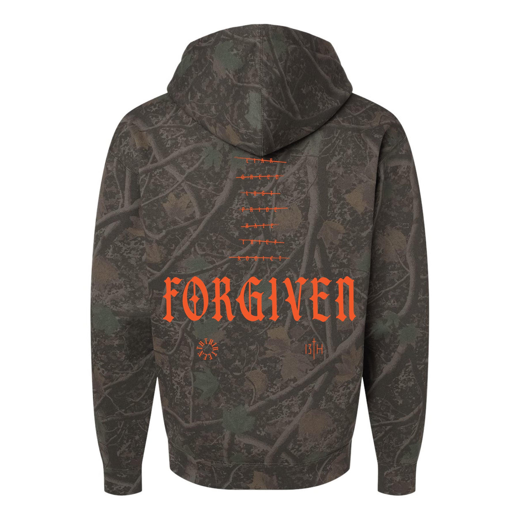 Back view of a Forgiven Darkwood Camo Premium Hoodie featuring the orange text FORGIVEN above the crossed-out words liar and thief.