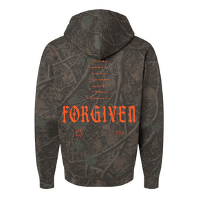 Back view of a Forgiven Darkwood Camo Premium Hoodie featuring the orange text FORGIVEN above the crossed-out words liar and thief.