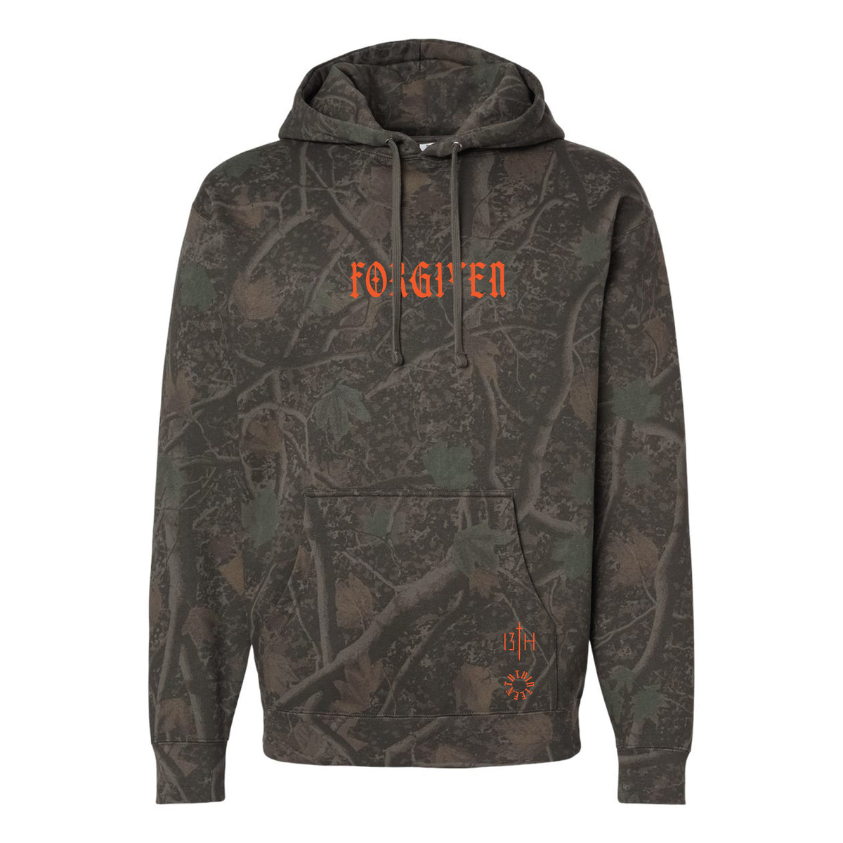 13th Forgiven Darkwood Camo Premium Hoodie, a dark camouflage pullover with a drawstring hood, kangaroo pocket, and orange forgiven text on the chest and lower left.
