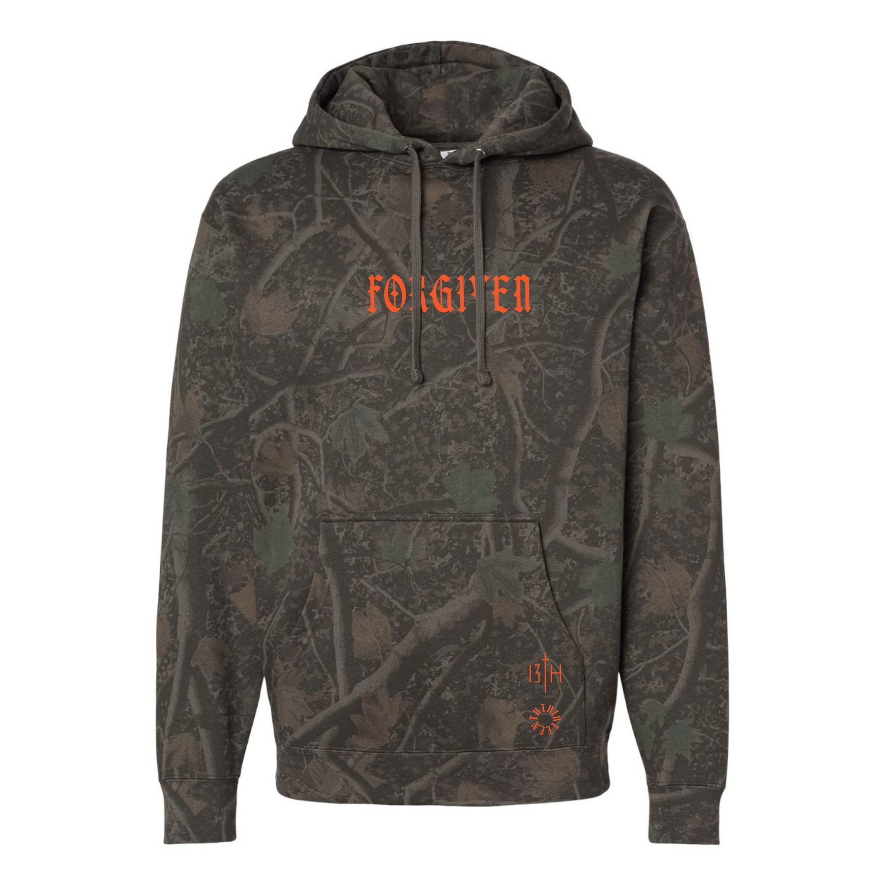 13th Forgiven Darkwood Camo Premium Hoodie, a dark camouflage pullover with a drawstring hood, kangaroo pocket, and orange forgiven text on the chest and lower left.