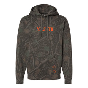 13th Forgiven Darkwood Camo Premium Hoodie, a dark camouflage pullover with a drawstring hood, kangaroo pocket, and orange forgiven text on the chest and lower left.