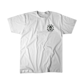 The Freedom of Speech - White t-shirt by Born United Private Label features a small black “Born United” text and skull graphic on the left chest, offering a subtle nod to freedom of speech. The shirt is shown laid flat against a white background.