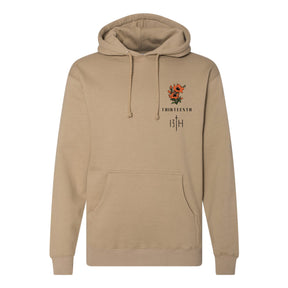 13th From Death to Life Premium Hoodie in tan featuring a small floral graphic and John 5:24 text on the left chest.