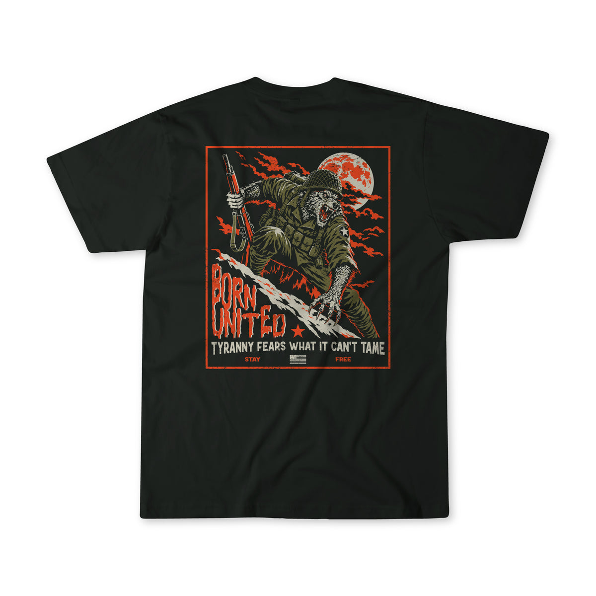 Full Moon by Born United Private Label: Black tee with tactical werewolf, red moon, and Born United text. Glows in the dark—tyranny fears what it can’t tame.