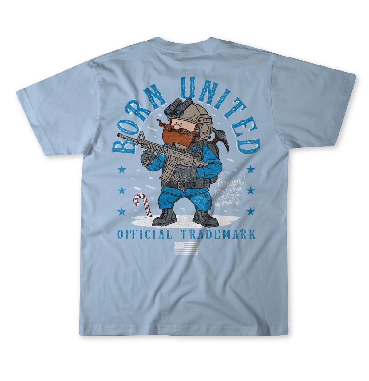 The Yukon Cornelius Tee by Born United Private Label is a light blue shirt showing a bearded bear in tactical gear with a rifle over a candy cane, featuring "BORN UNITED" and "OFFICIAL TRADEMARK" in blue, celebrating spirit and freedom.