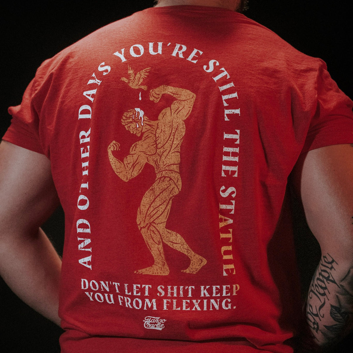 Wearing Tango Charlie Apparel’s "St. Arnold The Stoic" tee—a red shirt featuring a flexing statue, a bird, and tears, boldly stating: “AND OTHER DAYS YOU’RE STILL THE STATUE. DON’T LET SHIT KEEP YOU FROM FLEXING.” Funny motivation with attitude.