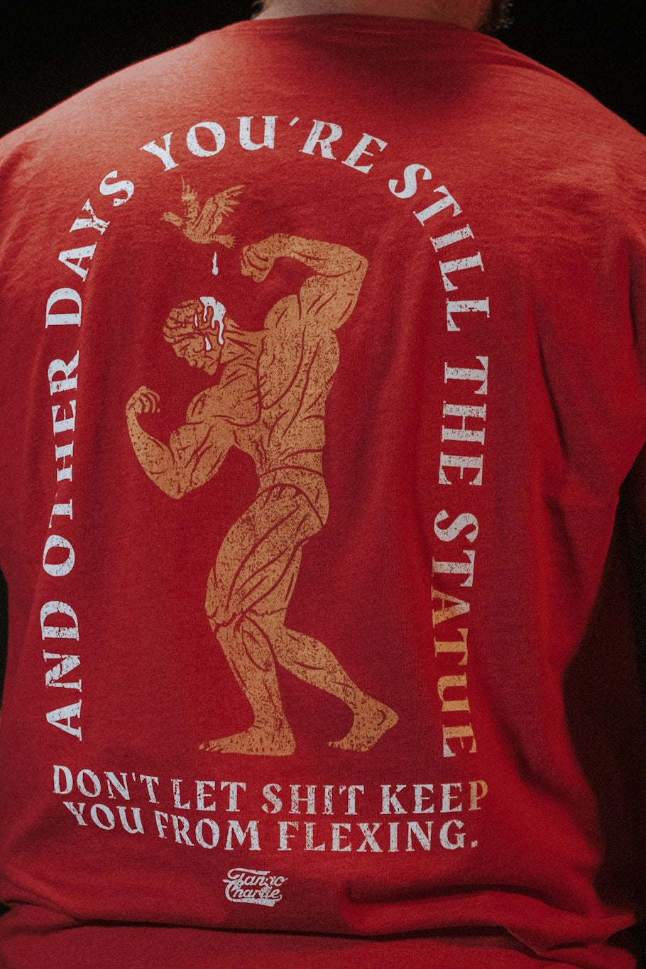 Wearing Tango Charlie Apparel’s "St. Arnold The Stoic" tee—a red shirt featuring a flexing statue, a bird, and tears, boldly stating: “AND OTHER DAYS YOU’RE STILL THE STATUE. DON’T LET SHIT KEEP YOU FROM FLEXING.” Funny motivation with attitude.