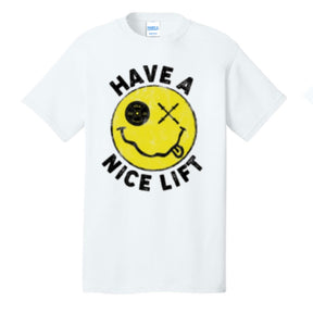 The “Thank You, have a Nice Lift" tee by Tango Charlie Apparel features a yellow smiley face with one X eye and tongue out, plus “HAVE A NICE LIFT” in black text. Made from a comfy cotton-poly blend for all-day wear.