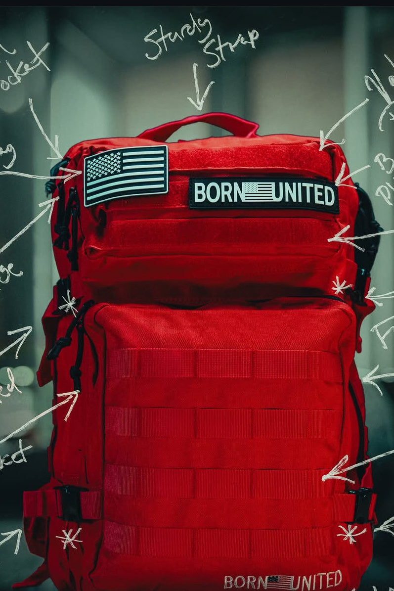 The Revenge Red Tac-Pac - 45L from Born United Private Label combines precision and durability, featuring a main pocket, sturdy strap, American flag patch, second large pocket, buckle fasteners, and molle system pockets. This military-grade backpack embodies resilience and style.