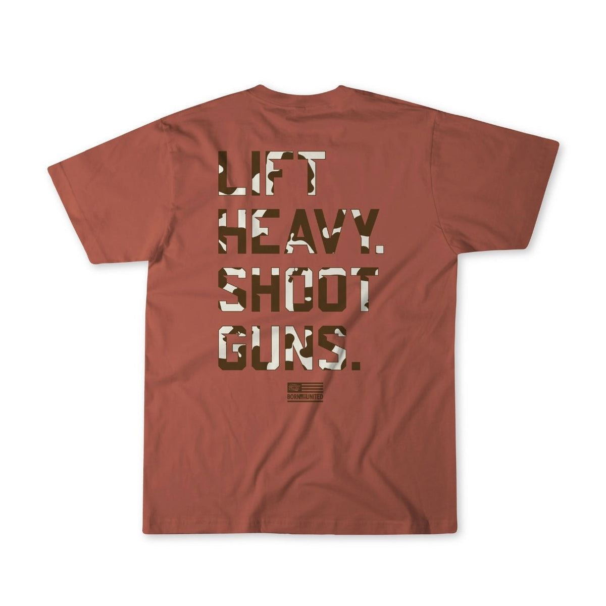 Introducing the LHSG Moo-Moo Pew Tee by Tango Charlie Apparel — a reddish-brown shirt featuring bold block text on the back that reads “Lift Heavy Shoot Guns” in a camouflage pattern. Designed for Second Amendment supporters and fans of high-intensity fitness gear, this tee also sports a small American flag graphic beneath the text.