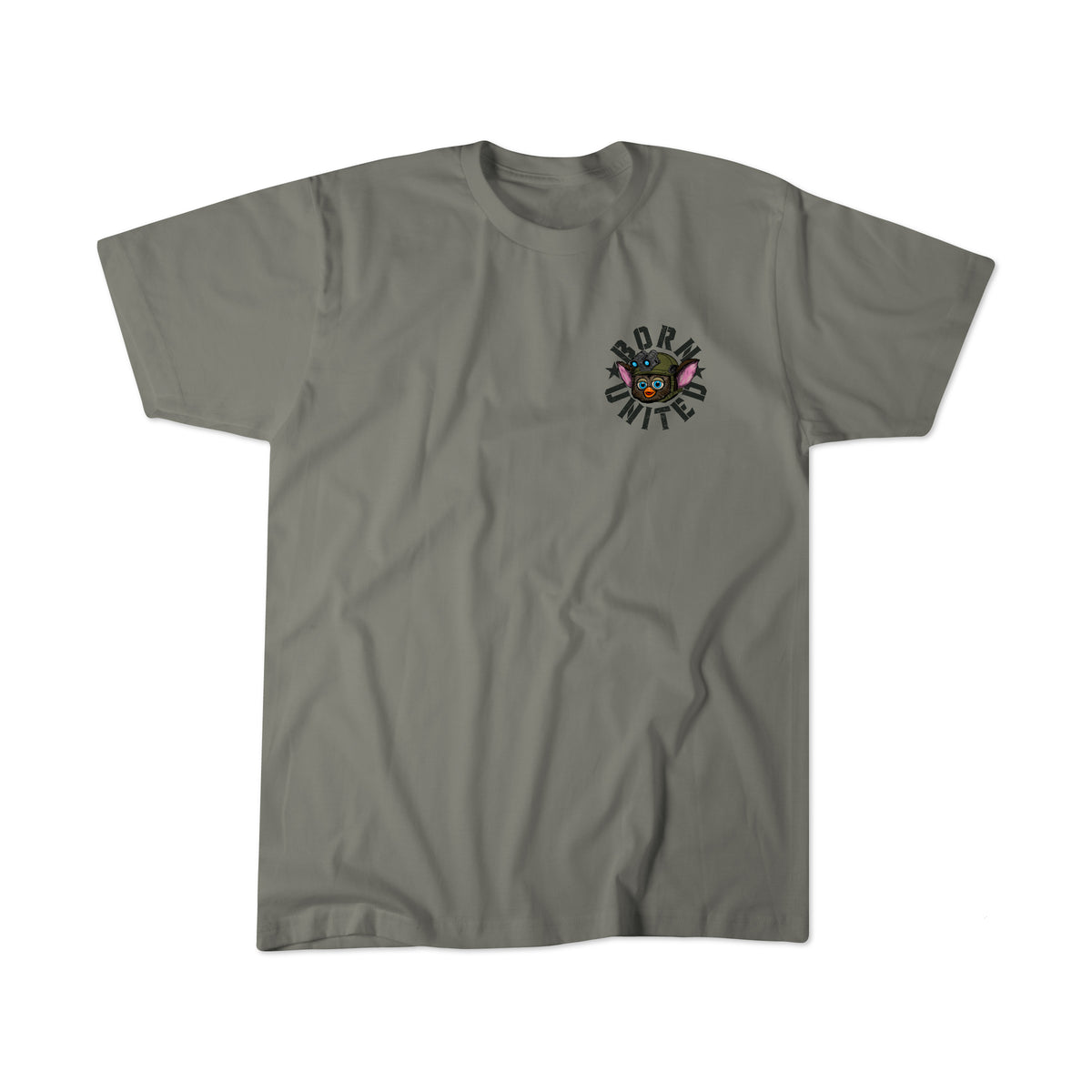 The Born United Private Label "Furbinator" is a gray tee featuring a small, colorful graphic of a modern Furby-inspired cartoon face and “DORK UNITE” in playful curves—perfect for Furby collectors.