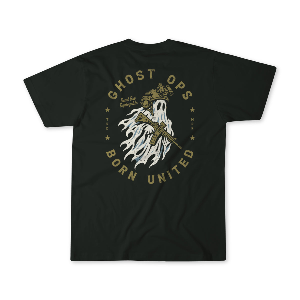 Ghost Ops by Born United Private Label: limited-edition Halloween tee with a ghost in helmet and rifle, Ghost Ops Born United, stars, and Dead But Deployable.