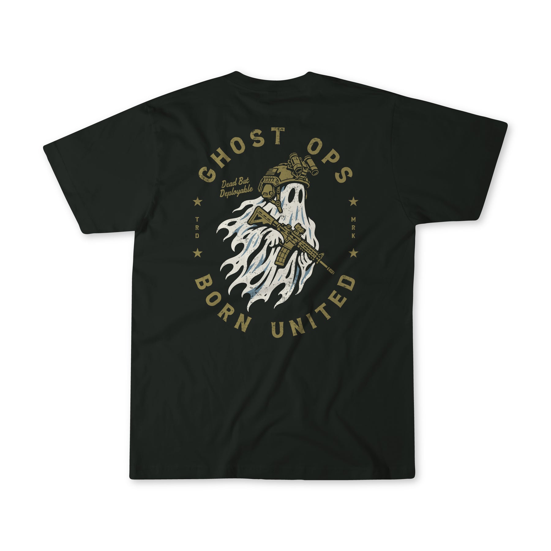 Ghost Ops by Born United Private Label: limited-edition Halloween tee with a ghost in helmet and rifle, Ghost Ops Born United, stars, and Dead But Deployable.