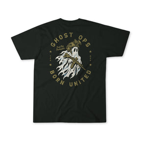 Ghost Ops by Born United Private Label: limited-edition Halloween tee with a ghost in helmet and rifle, Ghost Ops Born United, stars, and Dead But Deployable.