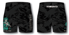 The Born United Private Label Women's High-Waisted Seamless Front Compression Training Shorts | Liberty or Death feature a dark camo pattern, are breathable, and display Statue of Liberty with "BONE UNITED" and "LIBERTY FOR SALE" text in white.