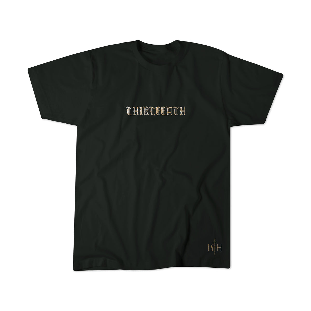 The Messenger by 13th is a black t-shirt with THIRTEENTH in gold gothic font across the chest and a small 13TH logo near the right bottom hem.