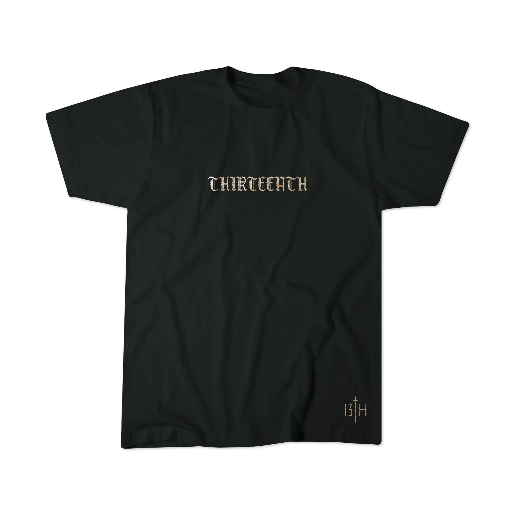 The Messenger by 13th is a black t-shirt with THIRTEENTH in gold gothic font across the chest and a small 13TH logo near the right bottom hem.