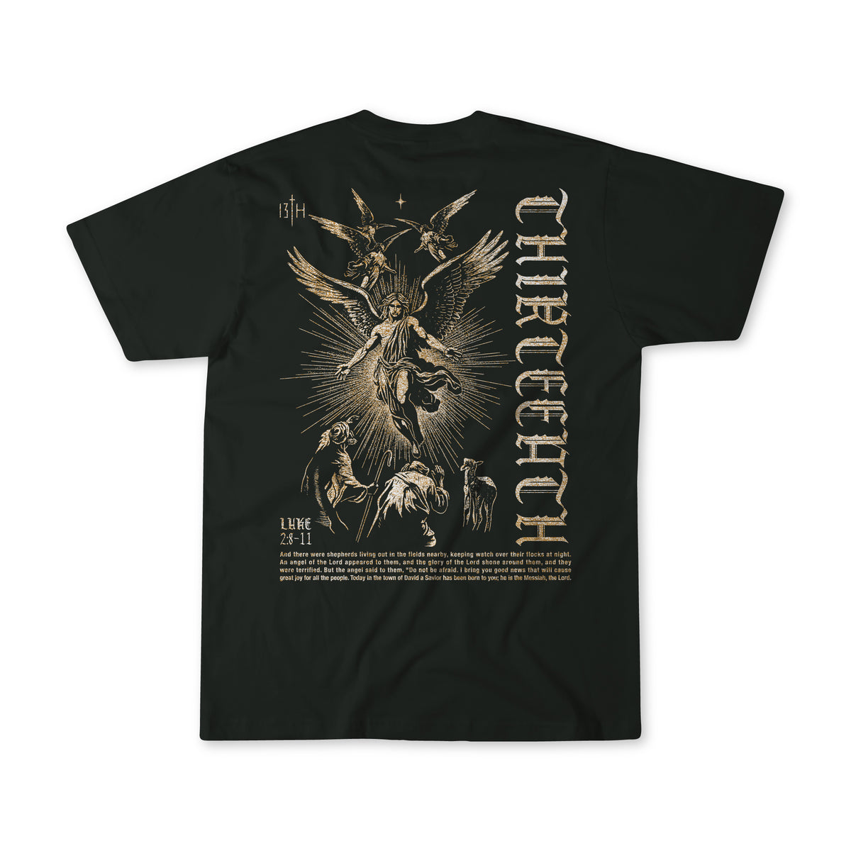 The 13th "The Messenger" black t-shirt features a vintage gold angel illustration with people and animals, gothic THIRTEEN text printed vertically on the right, and LUKE 2:7-11 plus more text below the image.