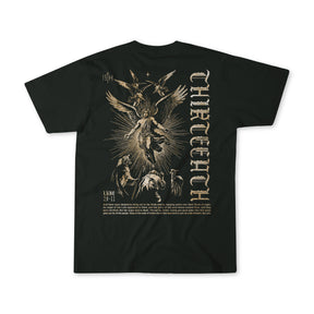 The 13th "The Messenger" black t-shirt features a vintage gold angel illustration with people and animals, gothic THIRTEEN text printed vertically on the right, and LUKE 2:7-11 plus more text below the image.