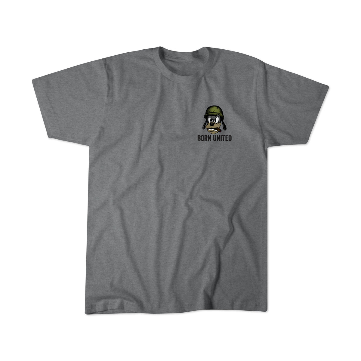 The Aint Goofin Around gray t-shirt by Born United Private Label features a small graphic of a dog in an army helmet above BORN UNITED on the left chest.