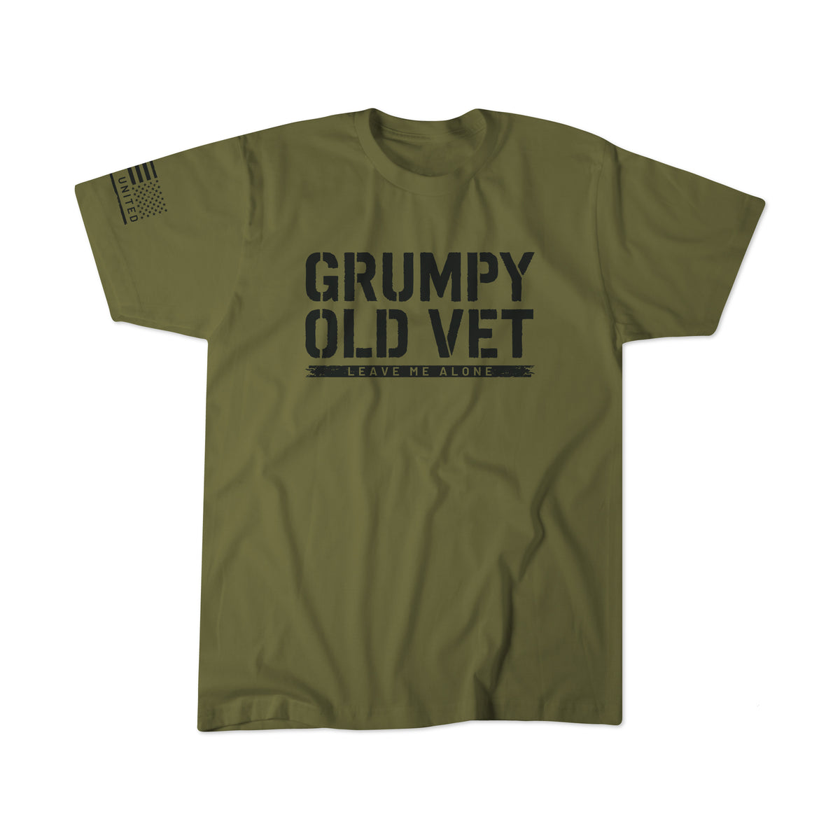 The Born United Private Label Grumpy Old Vet Tee is an olive green shirt with bold black GRUMPY OLD VET LEAVE ME ALONE text, an American flag graphic, and VETERAN on the right sleeve.