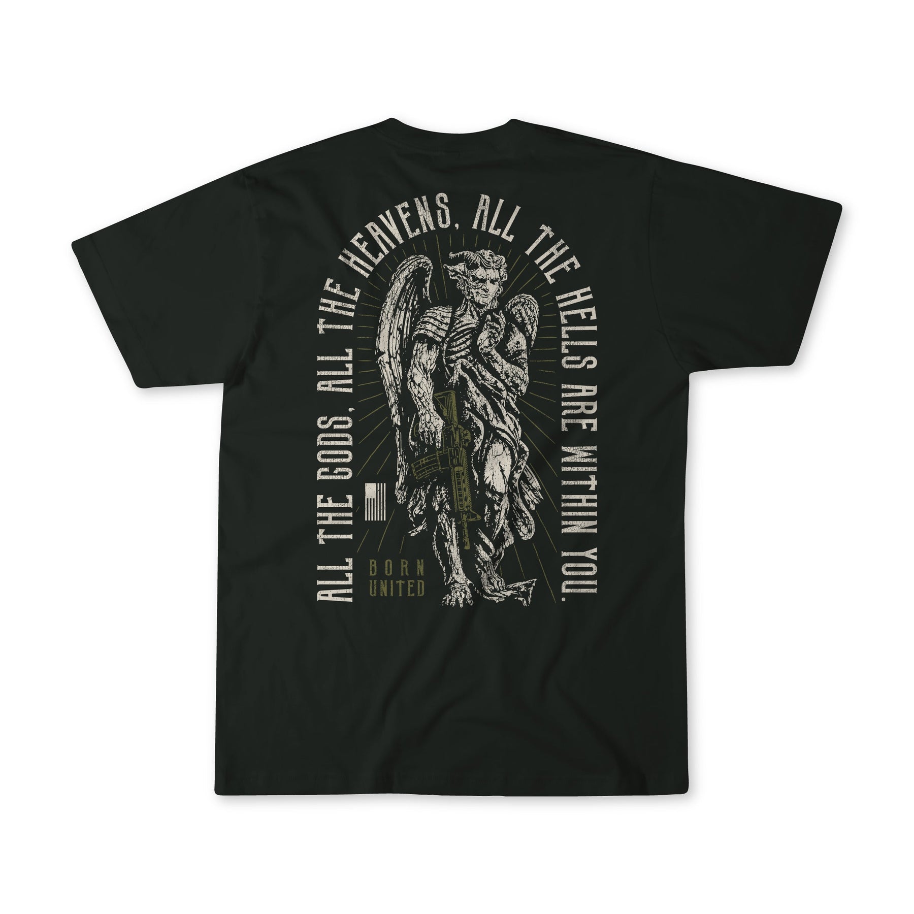 Heavens and Hells V2 black t-shirt by Born United Private Label, featuring a detailed angel graphic with the words “All the Gods, all the heavens, all the hells are within you” and “Born United” printed beneath the illustration.