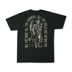 Heavens and Hells V2 black t-shirt by Born United Private Label, featuring a detailed angel graphic with the words “All the Gods, all the heavens, all the hells are within you” and “Born United” printed beneath the illustration.