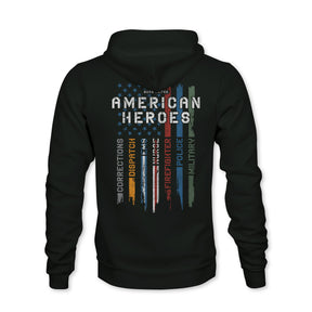 The Youth American Heroes Hoodie by Born United Private Label features a black design with a distressed American flag and stripes for Corrections, Dispatch, EMS, Firefighter, Police, and Military—perfect for patriotic kids.