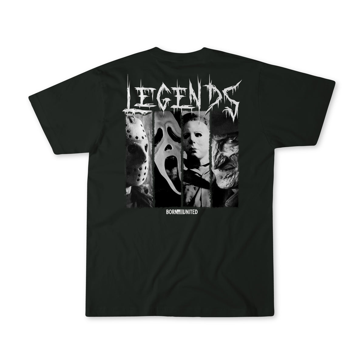 The Legends of Fear black tee by Born United Private Label features four classic horror icons’ masked faces and bold LEGENDS text on the back—a must-have limited edition shirt for devoted fans.