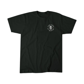 The Legends of Fear tee by Born United Private Label is a black short-sleeve shirt with a small white graphic of a door and AS LONG AS I CAN REMEMBER on the left chest—a limited edition perfect for Halloween horror fans.