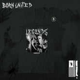 The Legends of Fear tee by Born United Private Label features BORN UNITED in a creepy font, horror legends on the back, bold LEGENDS text, and gothic graphics like a spider and knife—limited edition horror apparel.