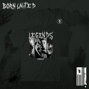 The Legends of Fear tee by Born United Private Label features BORN UNITED in a creepy font, horror legends on the back, bold LEGENDS text, and gothic graphics like a spider and knife—limited edition horror apparel.