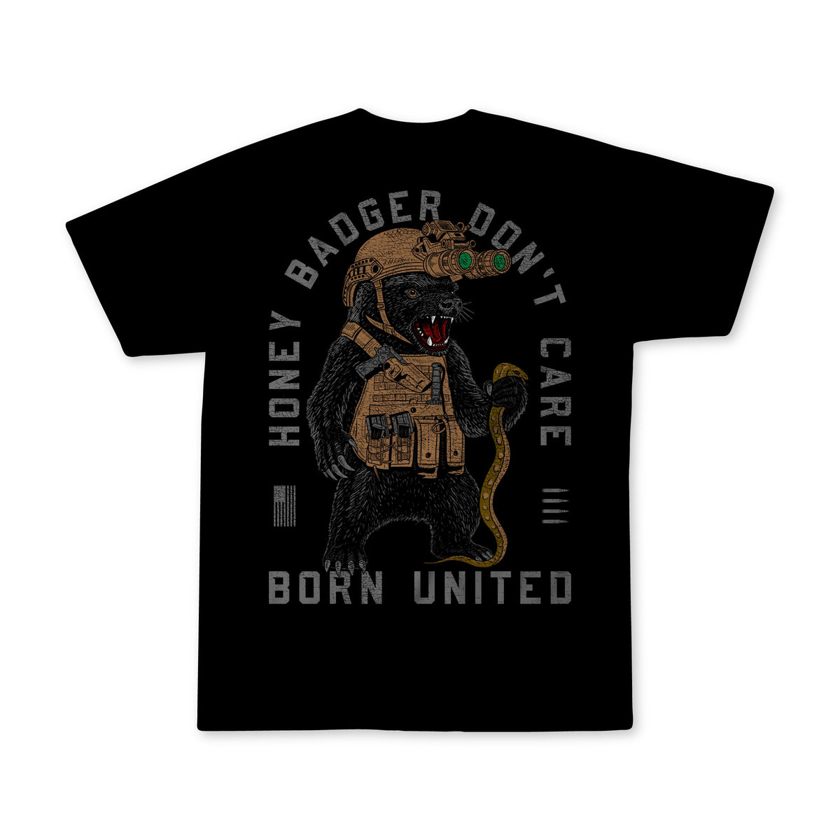 The Honey Badgerin Black T-shirt by Born United Private Label features an illustrated honey badger in tactical gear and night vision goggles holding a snake, with the text: HONEY BADGER DONT CARE and BORN UNITED.