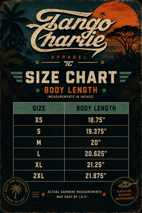 The size chart for the Feral - Women's White Crop by Tango Charlie Apparel lists body lengths (in inches): XS 18.75, S 19.375, M 20, L 20.625, XL 21.25, and 2XL 21.875.