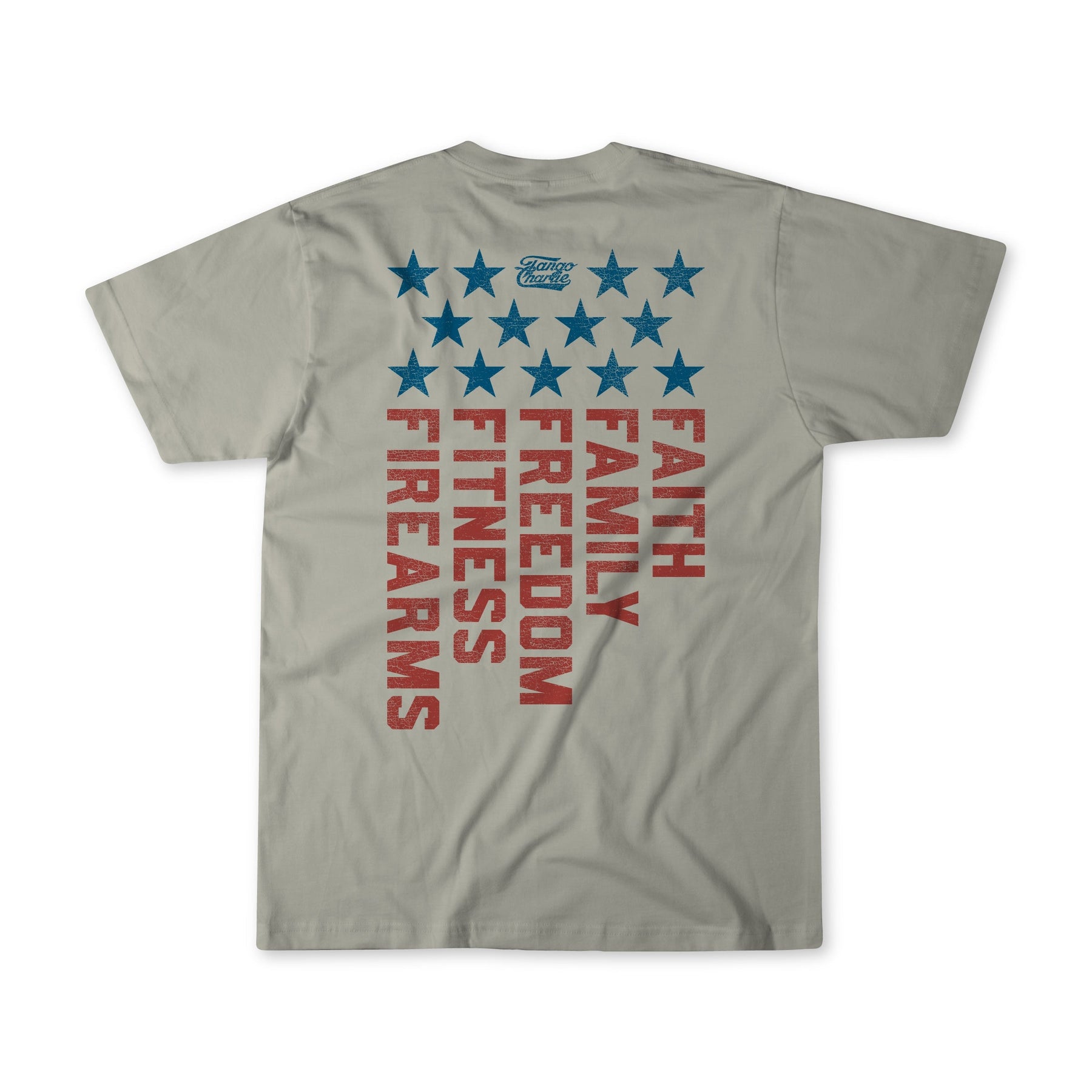 The Foundational Five - Tee by Tango Charlie Apparel is a gray shirt with blue stars and bold red "Faith Family Freedom Fitness Fire Arms" text vertically on the back, styled like a patriotic flag.
