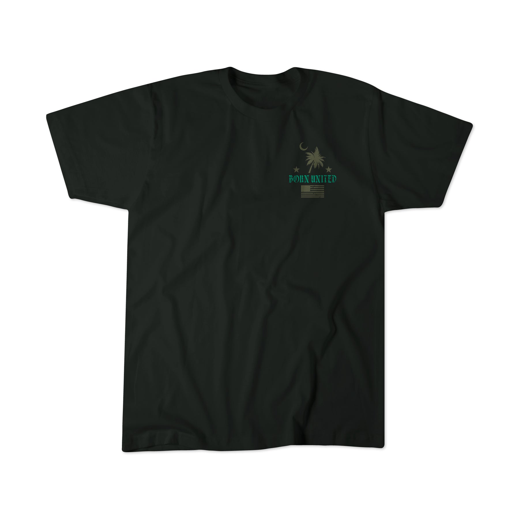 The Born United Black Box - Tactigator by Born United Private Label is a limited edition black tee with a left-chest crescent moon, palm tree, three stars, and green-gold "BORN UNITED" design.