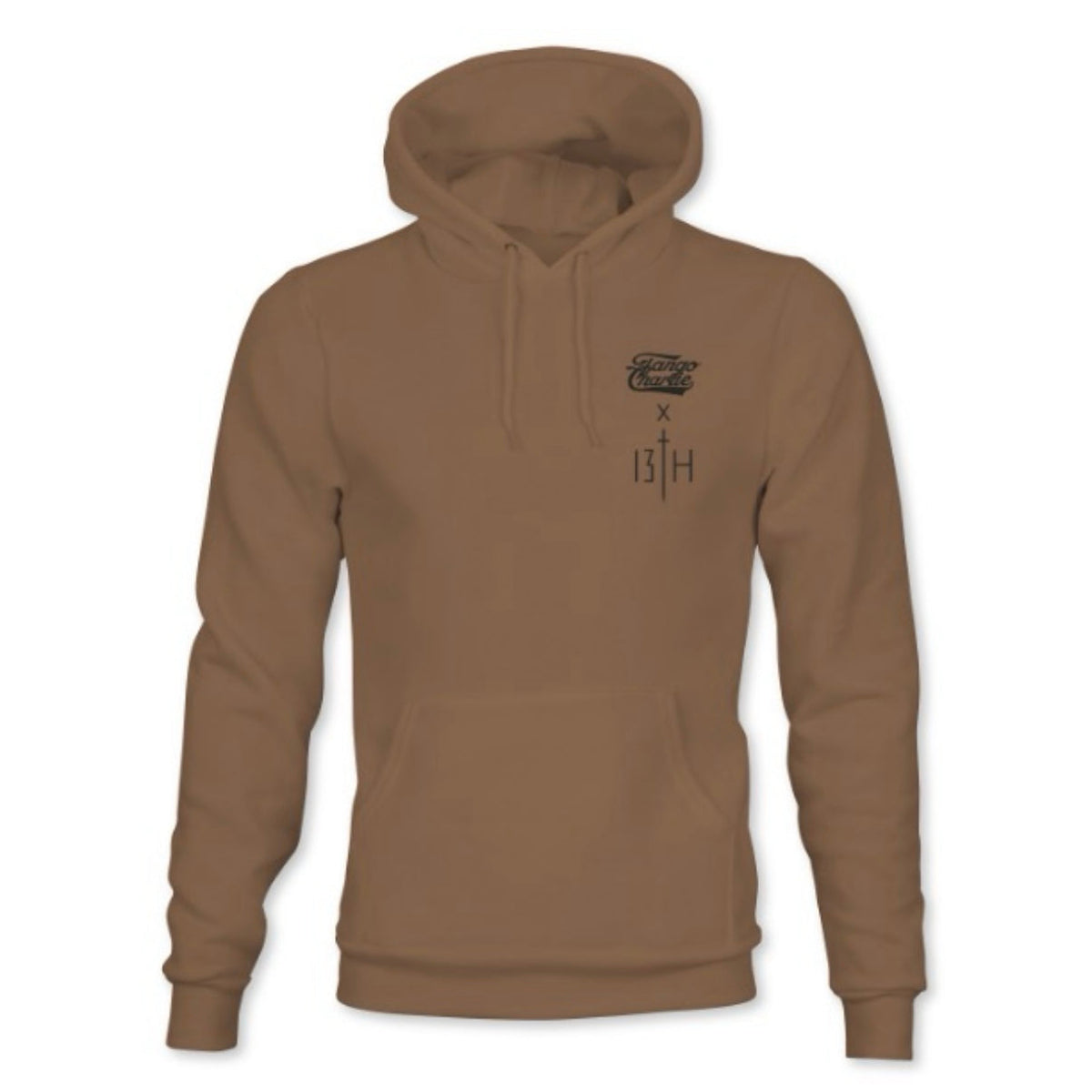 The Lift Heavy. Pray Hard. Hoodie by Tango Charlie Apparel is a brown cotton-poly blend with a pouch pocket, neck drawstrings, and black graphic text—13TH and Lift Heavy—on the left chest.