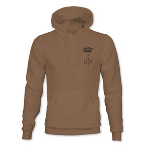 The Lift Heavy. Pray Hard. Hoodie by Tango Charlie Apparel is a brown cotton-poly blend with a pouch pocket, neck drawstrings, and black graphic text—13TH and Lift Heavy—on the left chest.