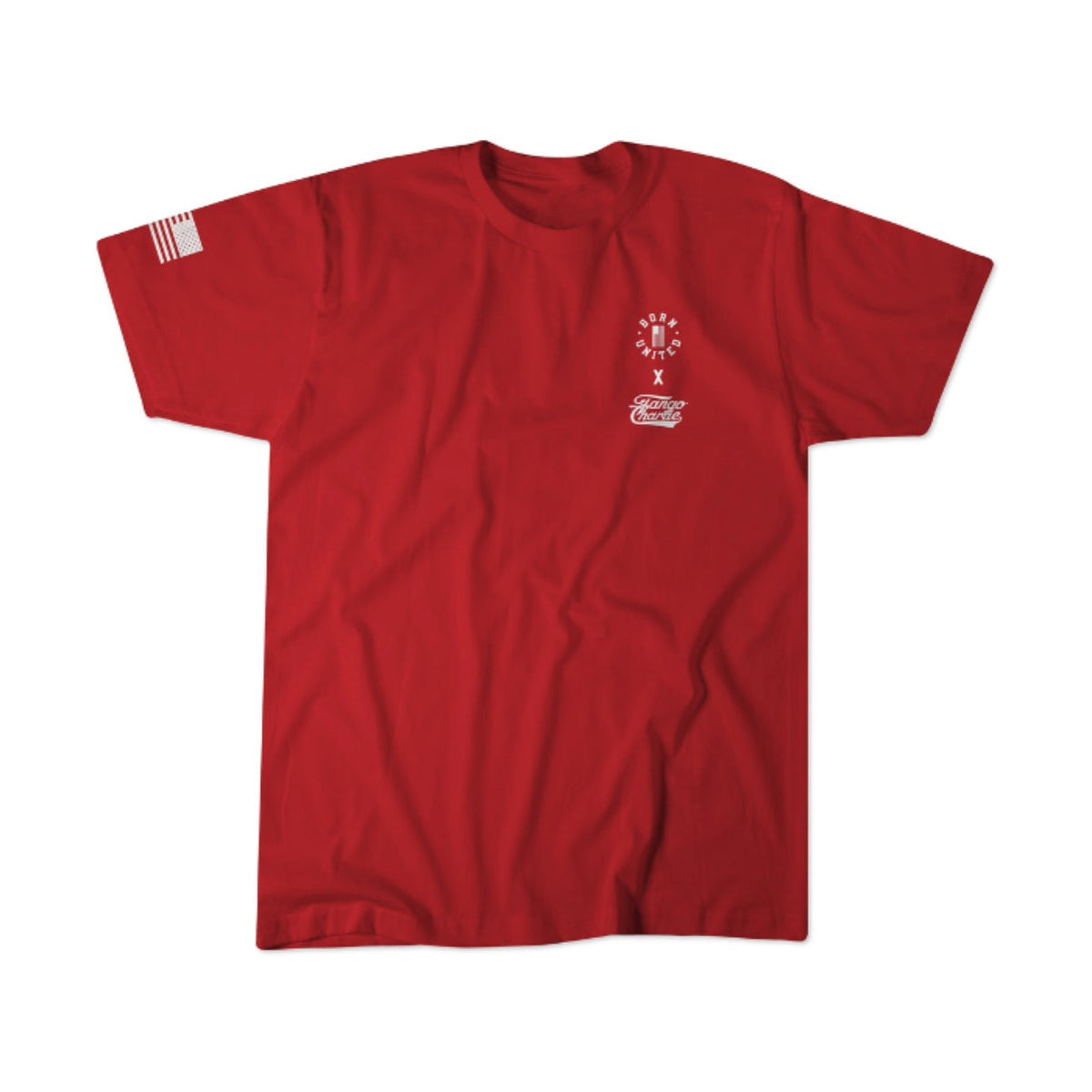 The Make America Fit Again - Tee by Tango Charlie Apparel is a unisex red shirt with a small white graphic and logo on the left chest, an American flag on the right sleeve, and "Make America Fit Again" text. Made from soft ringspun cotton.
