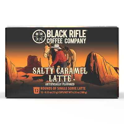 Box of Black Rifle Coffee Salty Caramel Rounds 12ct, featuring a cowboy and horse against an orange-brown desert scene. Includes 12 single-serve latte cups.