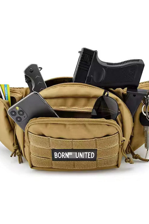 The Coyote Tac-Fanny-Pac by Born United Private Label is a tan tactical fanny pack featuring multiple compartments to hold a smartphone, sunglasses, two handguns, a knife, and keys. Its front compartment includes a patch that reads BORN UNITED.