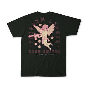 The "Cupid’s Shot" tee by Born United Private Label is a black shirt with a pink graphic of a winged cherub holding a gun and floating hearts. Features "FREEDOM LOVERS" and "BORN UNITED." Limited Edition—perfect for Valentine’s Day.