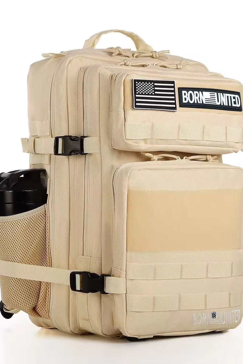 The Born United Private Label Vanilla Premium Ice Tac-Pac - 45L is a beige tactical backpack with multiple compartments, MOLLE webbing, a side mesh pocket holding a black bottle, and BORN UNITED and American flag patches on the front.