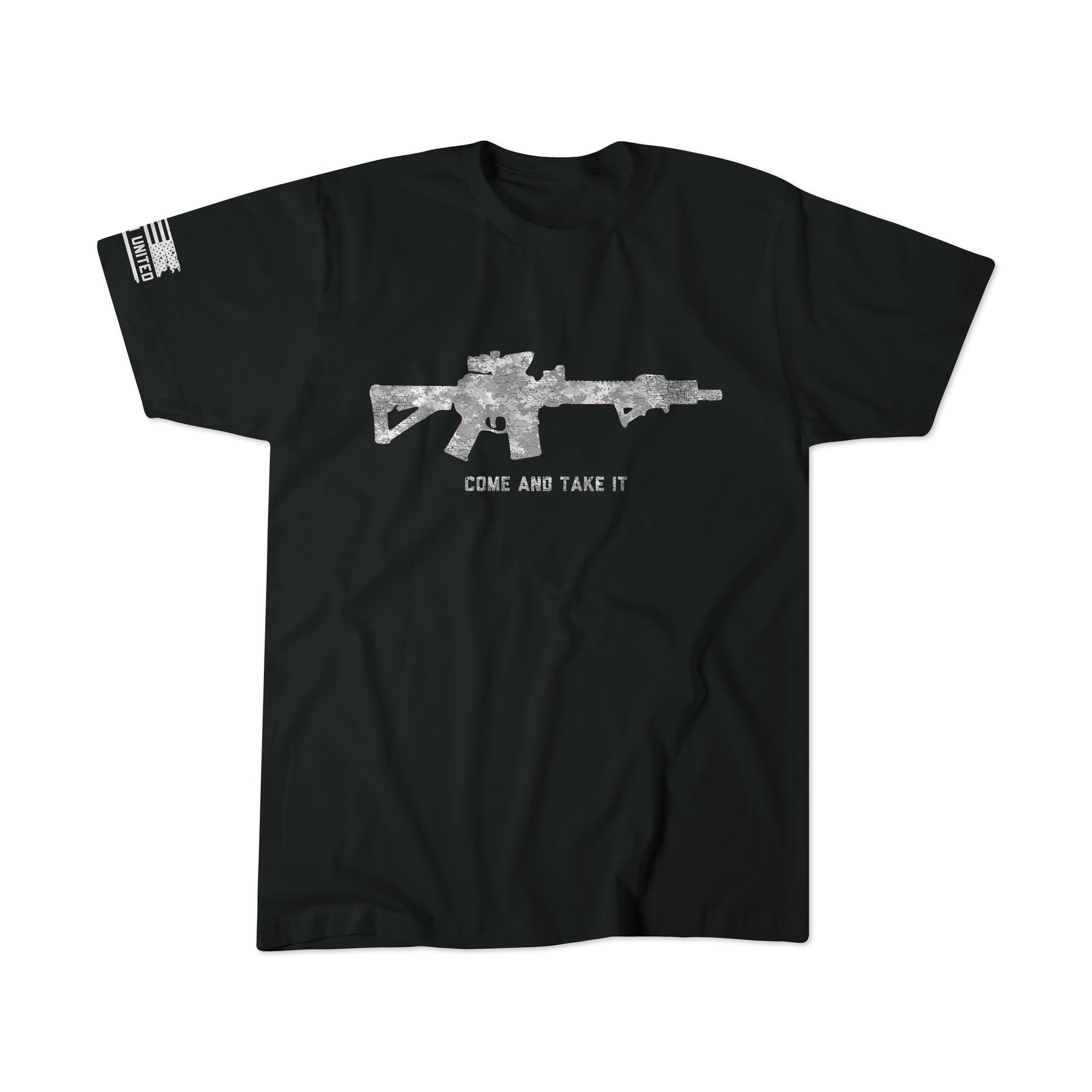 Show your support for the 2nd Amendment with the Born United Private Label “Come and Take It” black t-shirt, featuring a bold rifle graphic and statement text. This patriotic tee also sports an American flag graphic on the right sleeve.